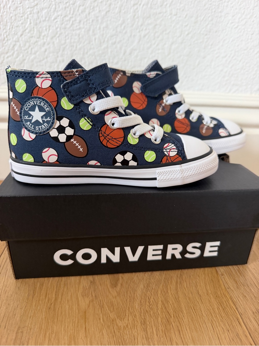 Converse Navy Kids High-Top Sneakers with Colorful Sports Ball Print